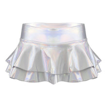 Load image into Gallery viewer, Summer Sexy Shiny Metallic Low Waist PU Leather Miniskirt Club Party Dance Skirts Metallic Double Layered Ruffled Mini Skirts