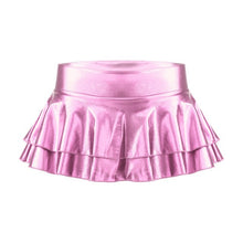 Load image into Gallery viewer, Summer Sexy Shiny Metallic Low Waist PU Leather Miniskirt Club Party Dance Skirts Metallic Double Layered Ruffled Mini Skirts