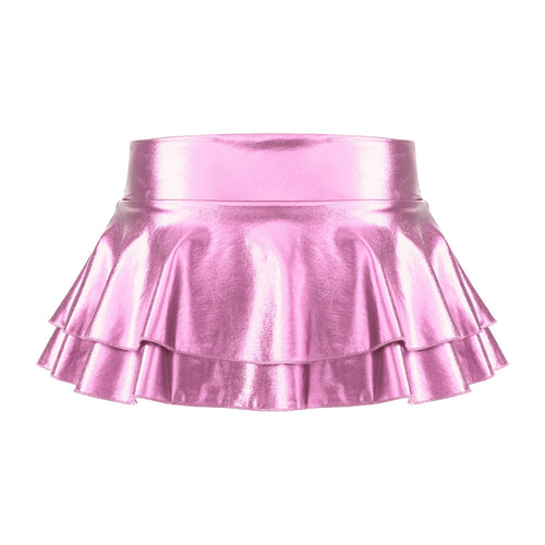 Summer Sexy Shiny Metallic Low Waist PU Leather Miniskirt Club Party Dance Skirts Metallic Double Layered Ruffled Mini Skirts