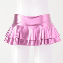 Load image into Gallery viewer, Summer Sexy Shiny Metallic Low Waist PU Leather Miniskirt Club Party Dance Skirts Metallic Double Layered Ruffled Mini Skirts