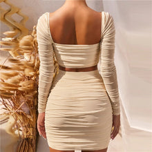 Load image into Gallery viewer, Summer Sexy Slash Neck Backless Patchwork Full Sleeve Women Skirt Set Crop Top Slim Folds Short Skirt Two Piece Suit