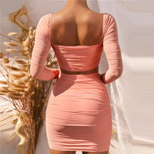 Load image into Gallery viewer, Summer Sexy Slash Neck Backless Patchwork Full Sleeve Women Skirt Set Crop Top Slim Folds Short Skirt Two Piece Suit
