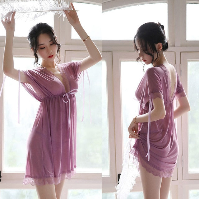 Summer Sexy Women Nightgowns Sheer Mesh Short-sleeved Nightdress Female Hot Sexy Lingerie Lace Sleepwear Nightwear