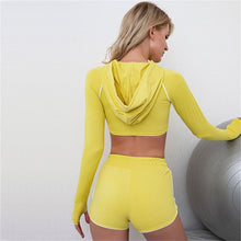 Load image into Gallery viewer, Summer Shorts Set Women&#39;s Tracksuit Sun Protection Hooded Shirts Workout Casual Running Shorts Sports Crop Top Gym Sportswear