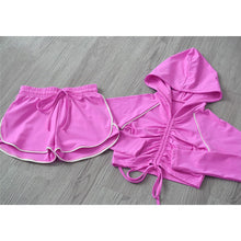 Load image into Gallery viewer, Summer Shorts Set Women&#39;s Tracksuit Sun Protection Hooded Shirts Workout Casual Running Shorts Sports Crop Top Gym Sportswear