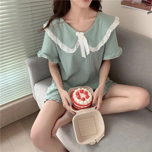 Summer Silk Pajamas Woman Kawaii Bowknot Lace Clothes Set Woman 2 Pieces Thin  Short Sleeve Pajama Pants Women Homewear Suit