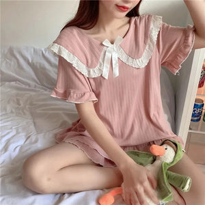 Summer Silk Pajamas Woman Kawaii Bowknot Lace Clothes Set Woman 2 Pieces Thin  Short Sleeve Pajama Pants Women Homewear Suit