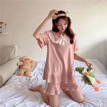 Load image into Gallery viewer, Summer Silk Pajamas Woman Kawaii Bowknot Lace Clothes Set Woman 2 Pieces Thin  Short Sleeve Pajama Pants Women Homewear Suit