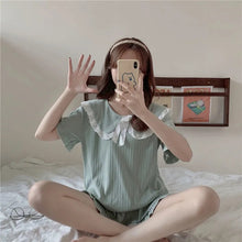 Load image into Gallery viewer, Summer Silk Pajamas Woman Kawaii Bowknot Lace Clothes Set Woman 2 Pieces Thin  Short Sleeve Pajama Pants Women Homewear Suit