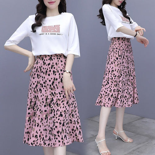 Summer Skirt Suit Women cotton half sleeve dress suit leopard print Fishtail skirt T-shirt Pullover Tops Fashion 2 Piece Sets
