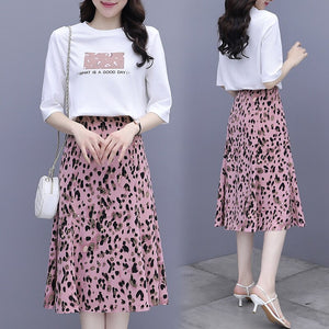 Summer Skirt Suit Women cotton half sleeve dress suit leopard print Fishtail skirt T-shirt Pullover Tops Fashion 2 Piece Sets