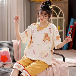 Summer Sleep Tops Cartoon Short Sleeved Pajamas Set For Women Large Size Cute Female Leisure Sleepwear Fashion 2 Pieces Sets 5XL