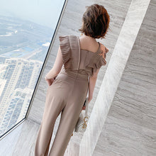 Load image into Gallery viewer, Summer Slim Stitching Lotus Leaf Lace Heavy Work Pleated High Waist Straight Loose Jumpsuit Women