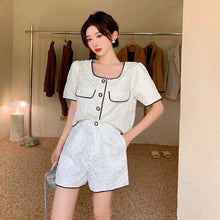 Load image into Gallery viewer, Summer Small Fragrance Fashion 2 Piece Sets Womens Outfits Bubble Sleeve Button Crop Top+ Wide Leg Shorts 2021 Female Streetwear
