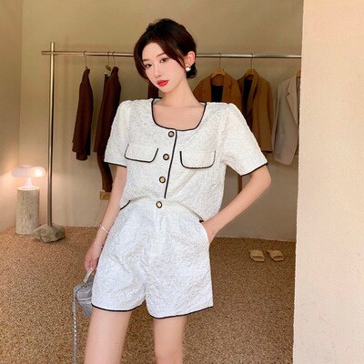 Summer Small Fragrance Fashion 2 Piece Sets Womens Outfits Bubble Sleeve Button Crop Top+ Wide Leg Shorts 2021 Female Streetwear