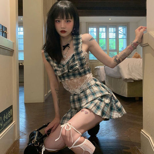 Summer Soft Girl Lolita Outfit Japanese Kawaii Sexy Acation Three-Piece Set Women Cute Plaid Mini Skirt+Sleeveless Lolita Sling