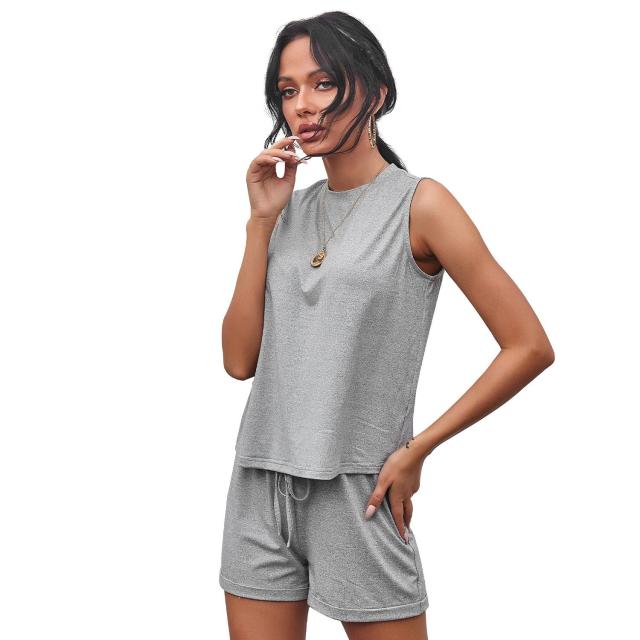 Summer Solid Color O Neck Casual Sleeveless Tops Shorts Two-piece Suits Women Loose Comfortable Breathable Ladies Sports Suit