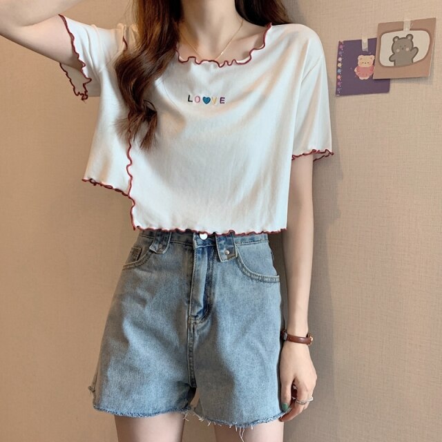 Summer Solid Kawaii Casual Blouse Shirt for Women Korean Design High Waist Sweet Blouse Tops Short Sleeve Fashion Blouse 2021