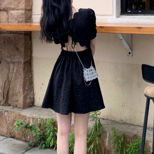 Summer Solid Sweet Dress High Waist Backless Design Party Sexy Mini Elegant Dress Short Sleeve Holiday Outing Casual Dress 2021