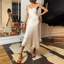 Load image into Gallery viewer, Summer Spaghetti Straps Sleeveless Dress Women Satin Vestidos Sexy Deep V Neck Elastic Midi Dress Elegant Evening Party Dress