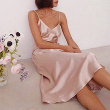 Load image into Gallery viewer, Summer Spaghetti Straps Sleeveless Dress Women Satin Vestidos Sexy Deep V Neck Elastic Midi Dress Elegant Evening Party Dress