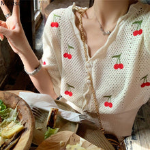 Load image into Gallery viewer, Summer Sweet Knitted Tops Women Elegant Embroidery Cherry Cardigan V-neck Short Sleeve Korean Cardigan Coat 2021