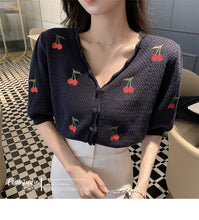Load image into Gallery viewer, Summer Sweet Knitted Tops Women Elegant Embroidery Cherry Cardigan V-neck Short Sleeve Korean Cardigan Coat 2021