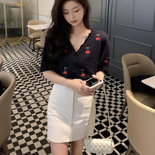 Load image into Gallery viewer, Summer Sweet Knitted Tops Women Elegant Embroidery Cherry Cardigan V-neck Short Sleeve Korean Cardigan Coat 2021
