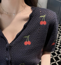 Load image into Gallery viewer, Summer Sweet Knitted Tops Women Elegant Embroidery Cherry Cardigan V-neck Short Sleeve Korean Cardigan Coat 2021
