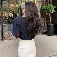 Load image into Gallery viewer, Summer Sweet Knitted Tops Women Elegant Embroidery Cherry Cardigan V-neck Short Sleeve Korean Cardigan Coat 2021
