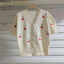 Load image into Gallery viewer, Summer Sweet Knitted Tops Women Elegant Embroidery Cherry Cardigan V-neck Short Sleeve Korean Cardigan Coat 2021