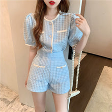 Load image into Gallery viewer, Summer Sweet Short Puff Sleeve Single Breasted Blouse Tops + High Waist Slim Wide Leg Shorts Two Piece Set Female