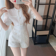 Load image into Gallery viewer, Summer Sweet Short Puff Sleeve Single Breasted Blouse Tops + High Waist Slim Wide Leg Shorts Two Piece Set Female