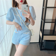 Load image into Gallery viewer, Summer Sweet Short Puff Sleeve Single Breasted Blouse Tops + High Waist Slim Wide Leg Shorts Two Piece Set Female