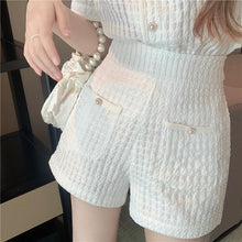 Load image into Gallery viewer, Summer Sweet Short Puff Sleeve Single Breasted Blouse Tops + High Waist Slim Wide Leg Shorts Two Piece Set Female