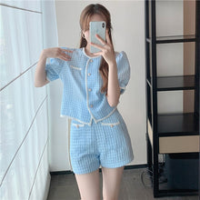 Load image into Gallery viewer, Summer Sweet Short Puff Sleeve Single Breasted Blouse Tops + High Waist Slim Wide Leg Shorts Two Piece Set Female