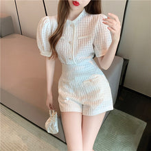 Load image into Gallery viewer, Summer Sweet Short Puff Sleeve Single Breasted Blouse Tops + High Waist Slim Wide Leg Shorts Two Piece Set Female