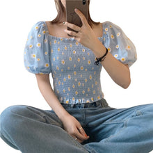 Load image into Gallery viewer, Summer Sweet Style Ladies Trendy Mesh Blouse Short Puff Sleeve Off Shoulder Square Collar Daisy Print Fitting Sexy Cropped Shirt