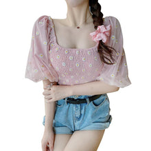 Load image into Gallery viewer, Summer Sweet Style Ladies Trendy Mesh Blouse Short Puff Sleeve Off Shoulder Square Collar Daisy Print Fitting Sexy Cropped Shirt