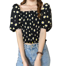 Load image into Gallery viewer, Summer Sweet Style Ladies Trendy Mesh Blouse Short Puff Sleeve Off Shoulder Square Collar Daisy Print Fitting Sexy Cropped Shirt