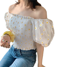 Load image into Gallery viewer, Summer Sweet Style Ladies Trendy Mesh Blouse Short Puff Sleeve Off Shoulder Square Collar Daisy Print Fitting Sexy Cropped Shirt