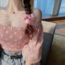 Load image into Gallery viewer, Summer Sweet Style Ladies Trendy Mesh Blouse Short Puff Sleeve Off Shoulder Square Collar Daisy Print Fitting Sexy Cropped Shirt