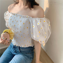 Load image into Gallery viewer, Summer Sweet Style Ladies Trendy Mesh Blouse Short Puff Sleeve Off Shoulder Square Collar Daisy Print Fitting Sexy Cropped Shirt