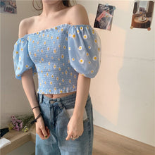 Load image into Gallery viewer, Summer Sweet Style Ladies Trendy Mesh Blouse Short Puff Sleeve Off Shoulder Square Collar Daisy Print Fitting Sexy Cropped Shirt