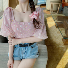 Load image into Gallery viewer, Summer Sweet Style Ladies Trendy Mesh Blouse Short Puff Sleeve Off Shoulder Square Collar Daisy Print Fitting Sexy Cropped Shirt