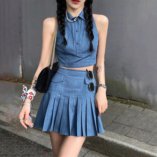Summer Sweet Two Piece Skirt Set for Women High Waist Casual Cowboy Tops Skirt Suit Female Sexy Mini Blouse Tops Pleated Skirt