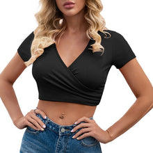 Load image into Gallery viewer, Summer T-Shirts for Women Fashion Cropped T-shirt  Sexy Deep V Neck Wrapover Ribbed Knit Stretchy Short Tees Casual Female Tops