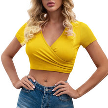 Load image into Gallery viewer, Summer T-Shirts for Women Fashion Cropped T-shirt  Sexy Deep V Neck Wrapover Ribbed Knit Stretchy Short Tees Casual Female Tops