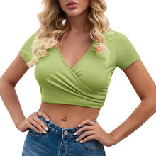 Load image into Gallery viewer, Summer T-Shirts for Women Fashion Cropped T-shirt  Sexy Deep V Neck Wrapover Ribbed Knit Stretchy Short Tees Casual Female Tops