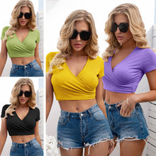 Load image into Gallery viewer, Summer T-Shirts for Women Fashion Cropped T-shirt  Sexy Deep V Neck Wrapover Ribbed Knit Stretchy Short Tees Casual Female Tops